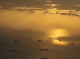 Boats in the Bay of Panama at sunset